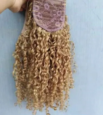 Kinky curly Brazilian human virgin hair Ponytail hair extensions clip in drawstring ponytails dark blonde 120g