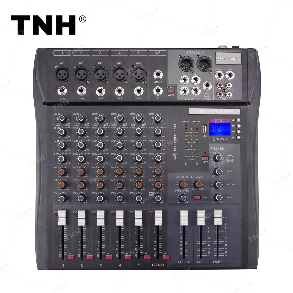 MR-60S mp3-6-канальный профессиональный аудио микшер с USB MP3 BT 48V Phantom 3-диапазонный EQ Reverb Effects для сценической встречи
