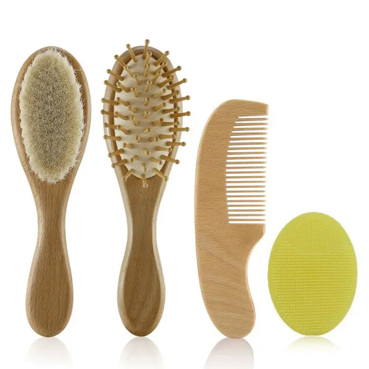 3 In 1 Private Label Natural Wooden Baby Hair Brush And Comb Set Soft Nylon Bristle Brush For Newborn
