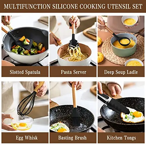 33pcs Nonstick Baking Tool drip pad tong soup spoon ladle pasta patula turner brush Silicone Wood Handle Kitchen Utensils Set