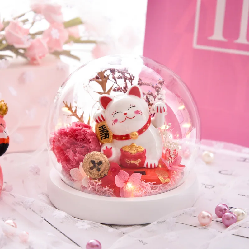 
office home decoration flower dried lucky preserved roses fortune cat with LED light fortune cat in dome glass long lasting rose 