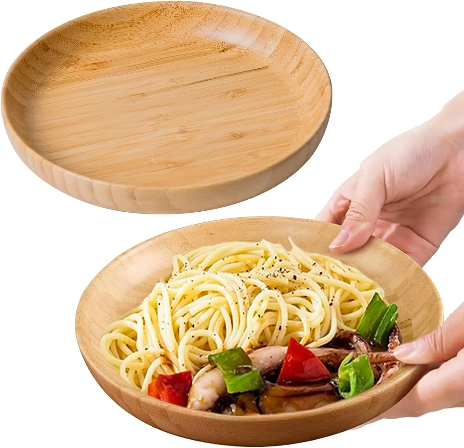 Round Wooden Plates for Food Bamboo Plates Reusable Kids Dinner Plates Lightweight for Dishes Snack, Dessert