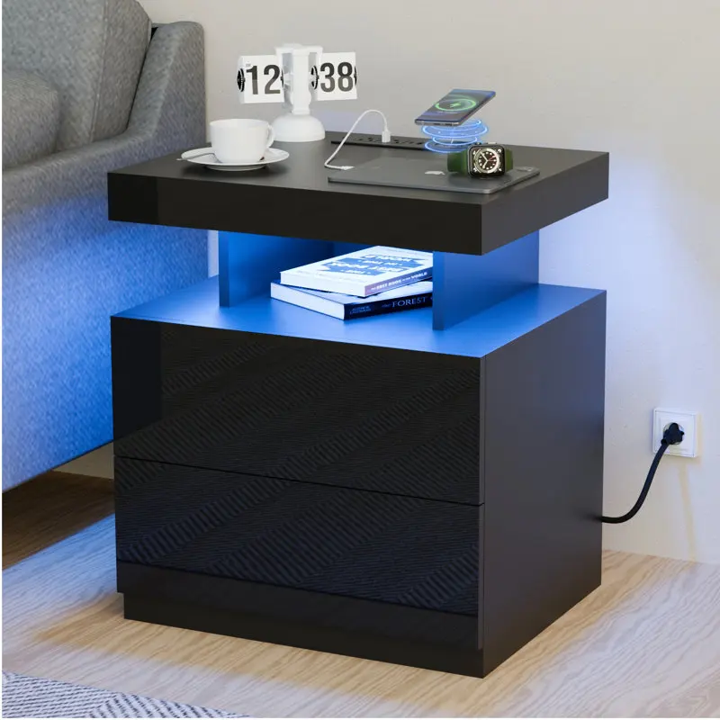 Kainice smart futuristic nightstand side table with wireless charging night stand set of 2 with light modern