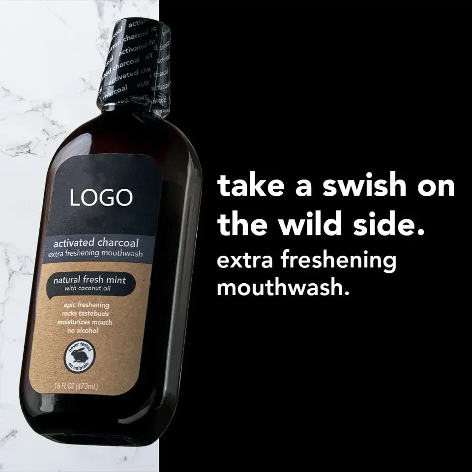 Private Label Natural Mint And Coconut Oil  Alcohol-free Activated Charcoal Mouthwash
