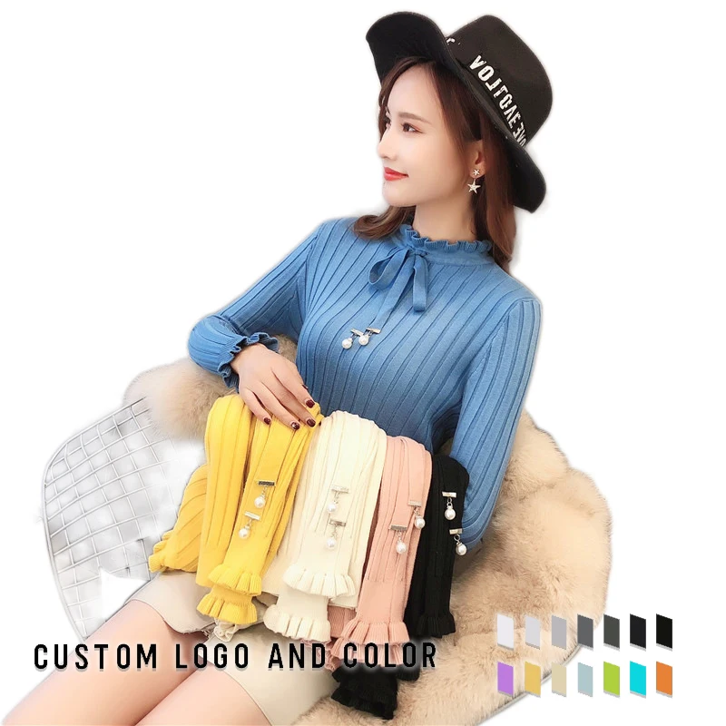 womens knitwear sweaters new style Korean pullover fold neck Pearl tie base coat fashion thermal underwear