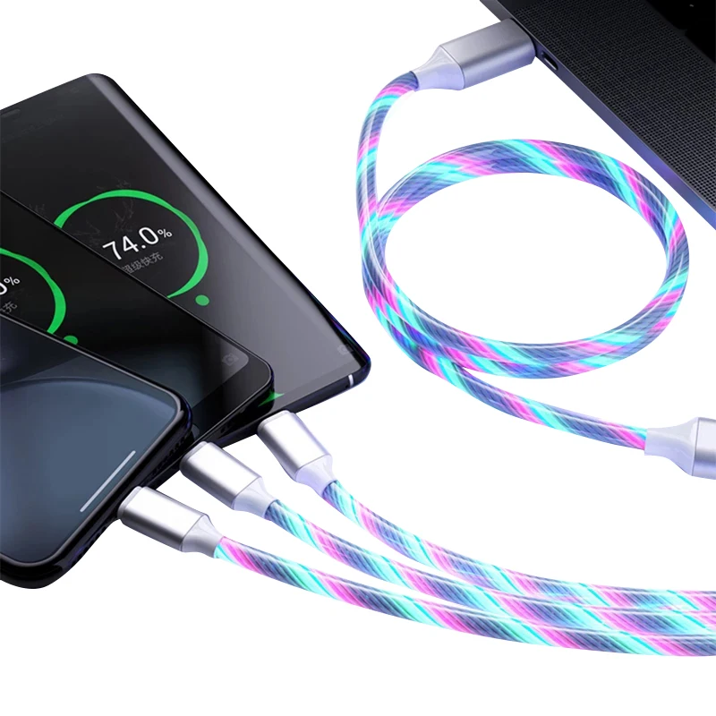 
Factory 3-in-1 Charging Flow Luminous Lighting Cable Charger Wire Led Micro USB Type C With Type Android IOS 1 meter 