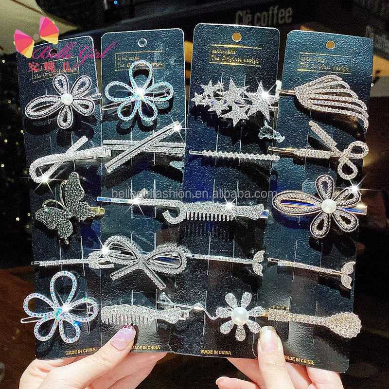 BELLEGIRL 2021 Girl crystal music hair comb spoon angel wing bow flower star butterfly bling rhinestone hair clips set for women