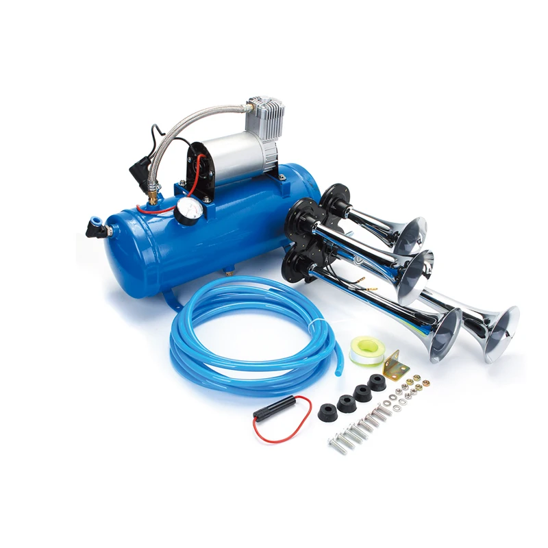 4Trumpet Air Horn 12V Compressor Kit Blue Tank Gauge For Train Truck Car 150PSI Trumpet Air Horn