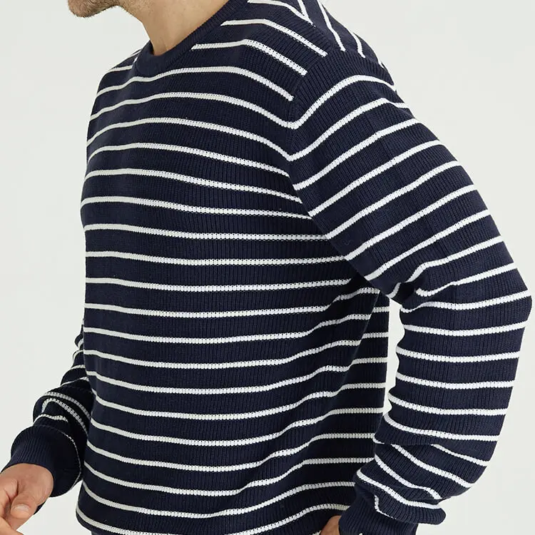 Knitwear Factory Mens Custom Jumper Winter 100% Organic Cotton Navy Blue Striped Crewneck Long Knitted Pullover Sweater For Male