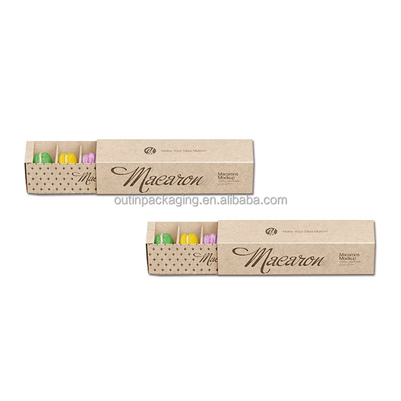 Sliding Out Open Biodegradable Kraft Cardboard Paper Packaging Gift Macaron Drawer Box with Sleeve Brown Candy Packaging Square