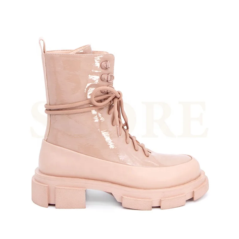 
2021 hot selling round toe monochrome patent ankle boots beige cowboy boots 