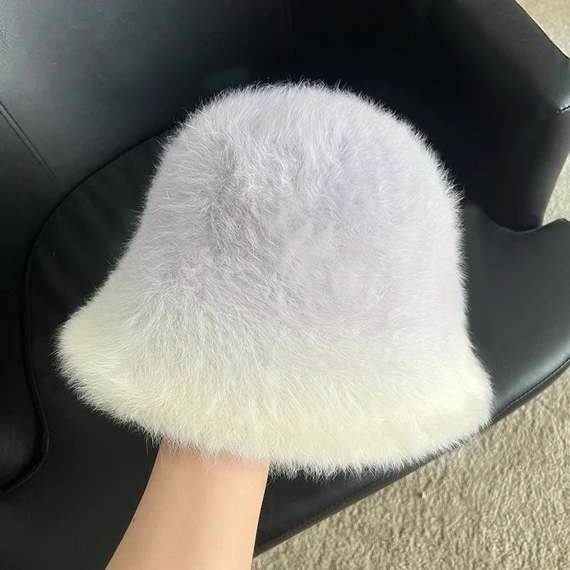 Gradient Rainbow Rabbit Fur Bucket Hat Fashion High-end Women Autumn Winter Warm Plush Fur Hat for Woman
