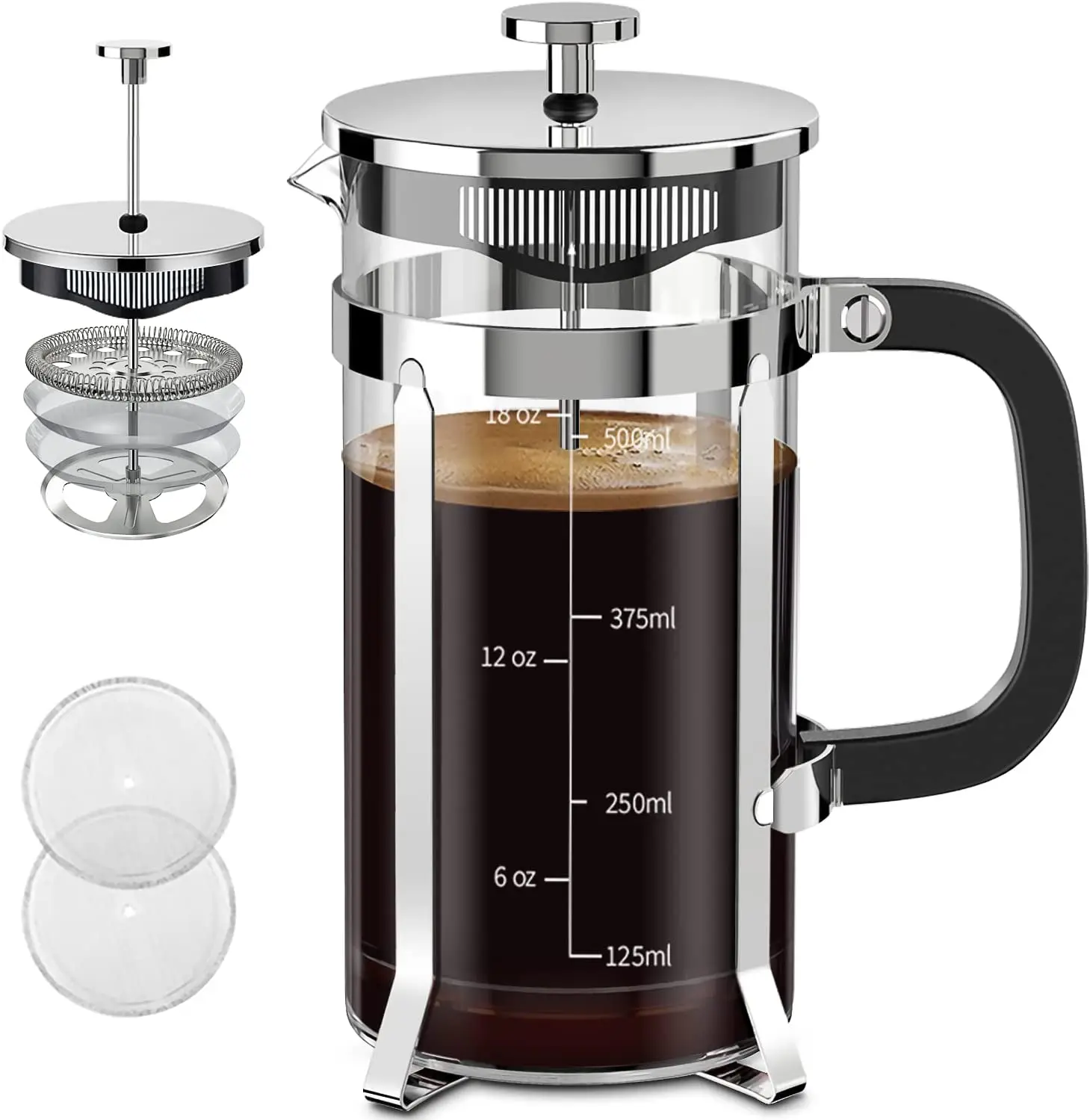 304 Stainless Steel French Press with 4 Filter, Borosilicate Glass Coffee Press Pot