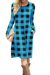 Женское Повседневное платье в клетку, с длинным рукавом, карманами и высокой талией