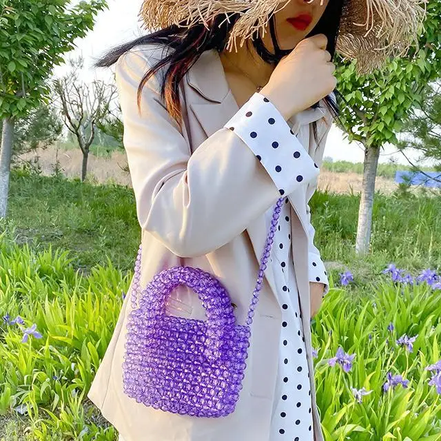 Diy Hand woven colorful beads bag women transparent crystal beaded bag handbag