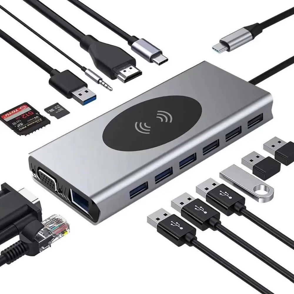 15 in 1 Type c Hub Expansion Dock Laptop Docking Station Type C to HDTV VGA USB 3.0 SD RJ45 PD 3.5mm Audio all in one HDD