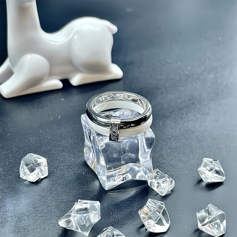 Wholesale Stainless Steel White Black Ceramic Diamond Ring Double Ring For Women or Men