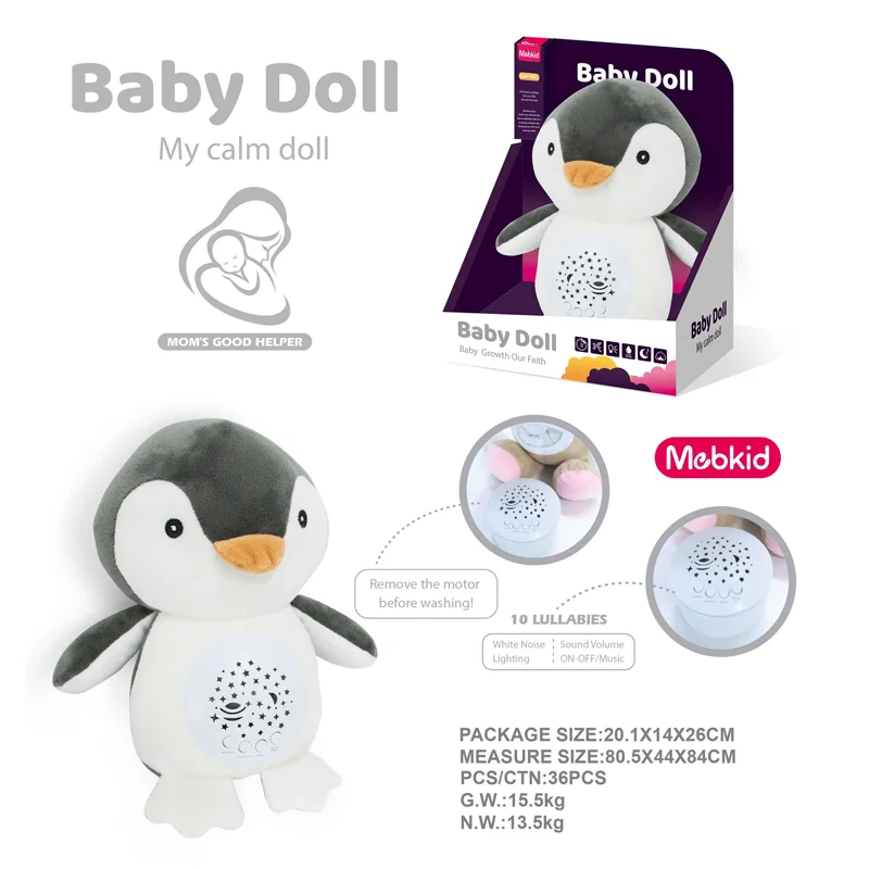 Night light penguin musical soft soothing toy baby sleep soothers projector stuffed plush toy doll