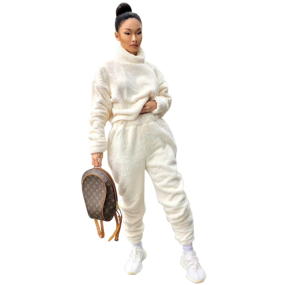 Winter 2021 women fashion stand collar velvet tracksuit coats jackets casual sweat suit fall clothing two piece pant set