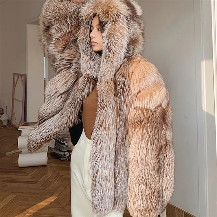 Elegant Temperament Ladies Mid Length High Quality Silver Fox Fur Coat Hooded Plus Size Ladies Jacket