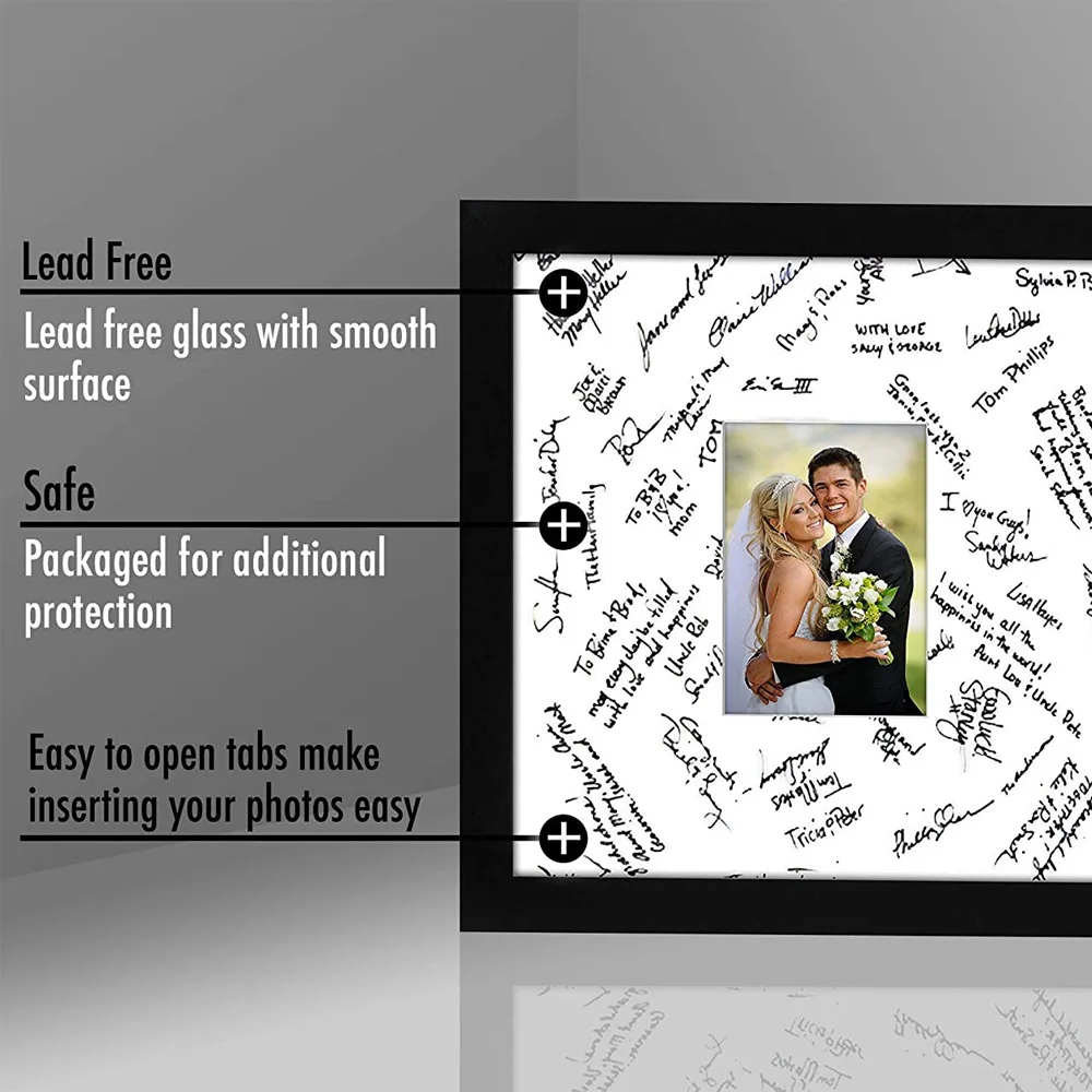 14x14 Black Wedding Signature Picture Frame Displays 5x7 Photo with Polished Glass 12x12 Square Photo Frame
