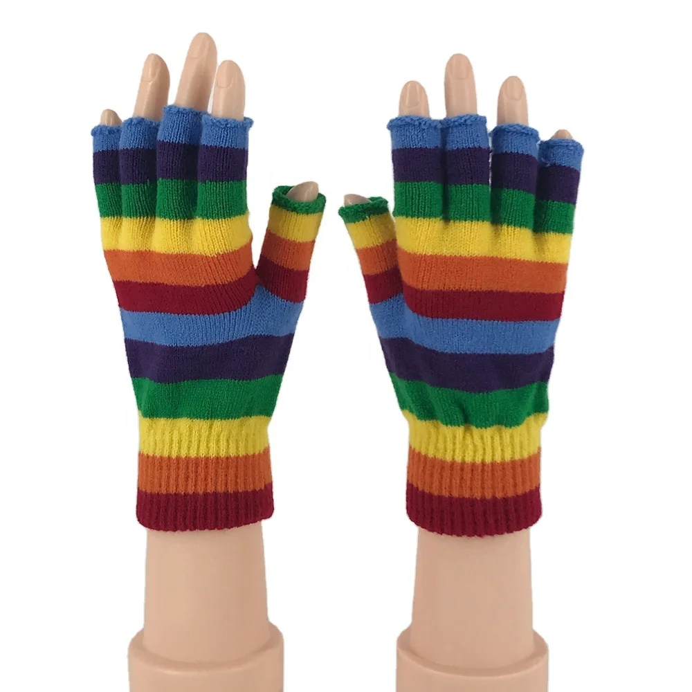 
adult Acrylic Rainbow Striped Wholesale Customize color warm feeling knitted winter fingerless glove 