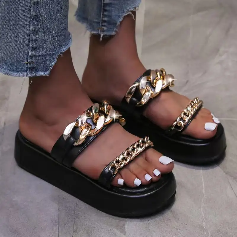 
2021 manufacturer latest female girl lady casual women shoes block sole slides big chain summer slippers 