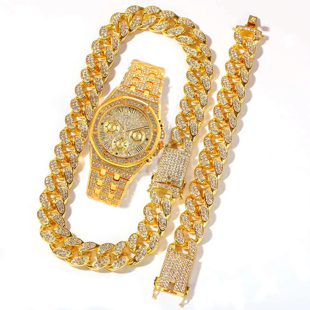 Hot Selling Hip Hop Fashion Quartz Watches Gold Rose 20mm Cuban Link Necklace Chain Cuban Link Bracelet Iced Out Jewelry Set