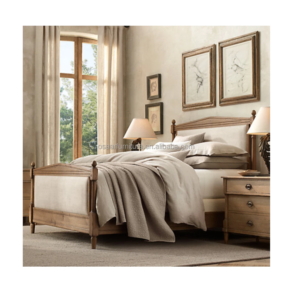 Natural Beige Linen Fabric Upholstered King Size Vintage French Wooden Bed