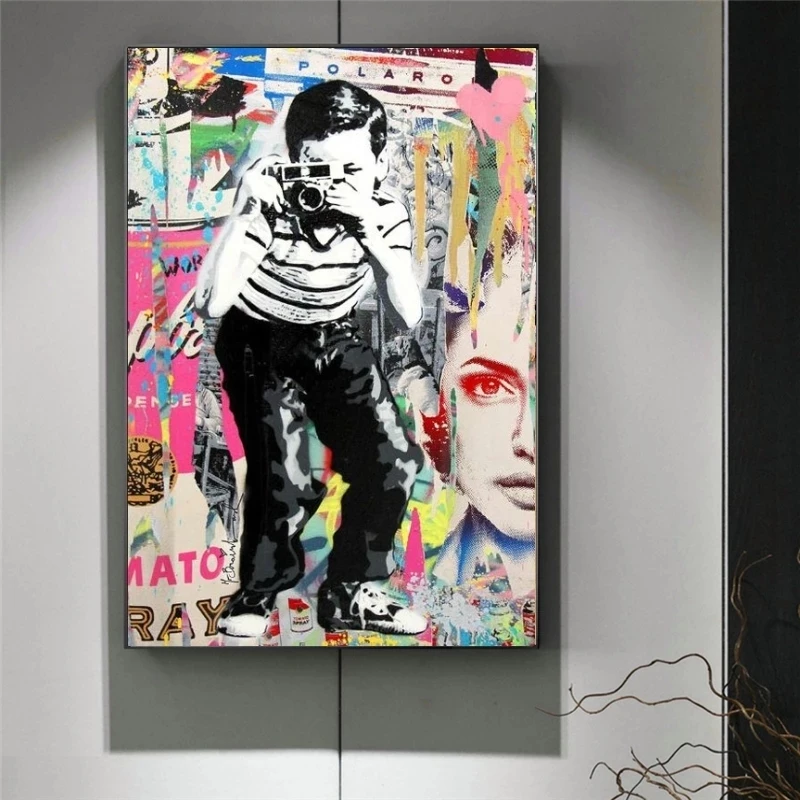 Boy Taking Photos Street Art Canvas Paintings Pop Graffiti Art Canvas Prints Wall Pictures for Kids Room Cuadros Wall Decoration