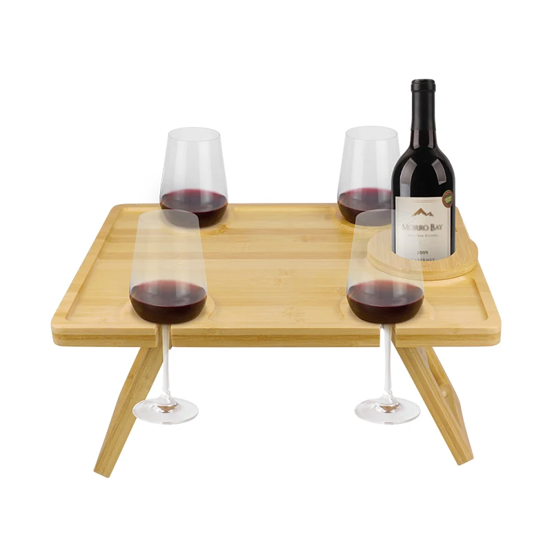 Outdoor Wine Picnic Table Large Folding Portable Bamboo Snack & Cheese Tray With 4 Wine Glasses Holder & Adjustable Wine Glass