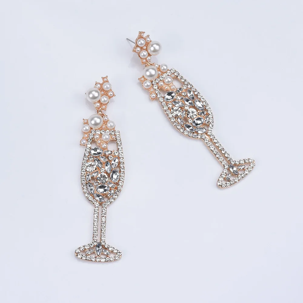 
New products creative and fresh stud gem stone temperament wild pearl jewelry pearl red wine glass women golden earrings 