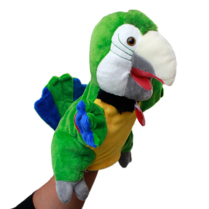 2021 Customized logo parrot puppet soft plush animal big baby hand puppets sewing finger toys