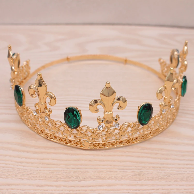 Retro baroque  gold crown large full round diamond prince king men crown for Wedding Cosplay Prom Party