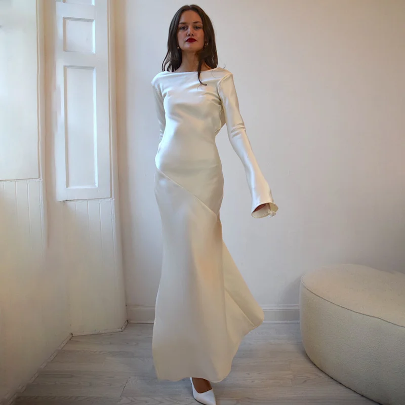 2024 High Quality Winter Hot Selling New Product Sexy Long sleeved Spliced Satin Open Back Party Banquet Elegant Long Dress