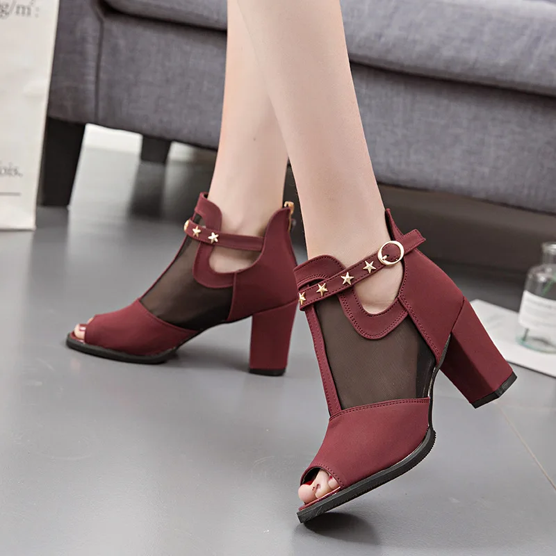 new design ladies summer mesh high heel sandals printing rivet buckle strap wedding boots shoes for women