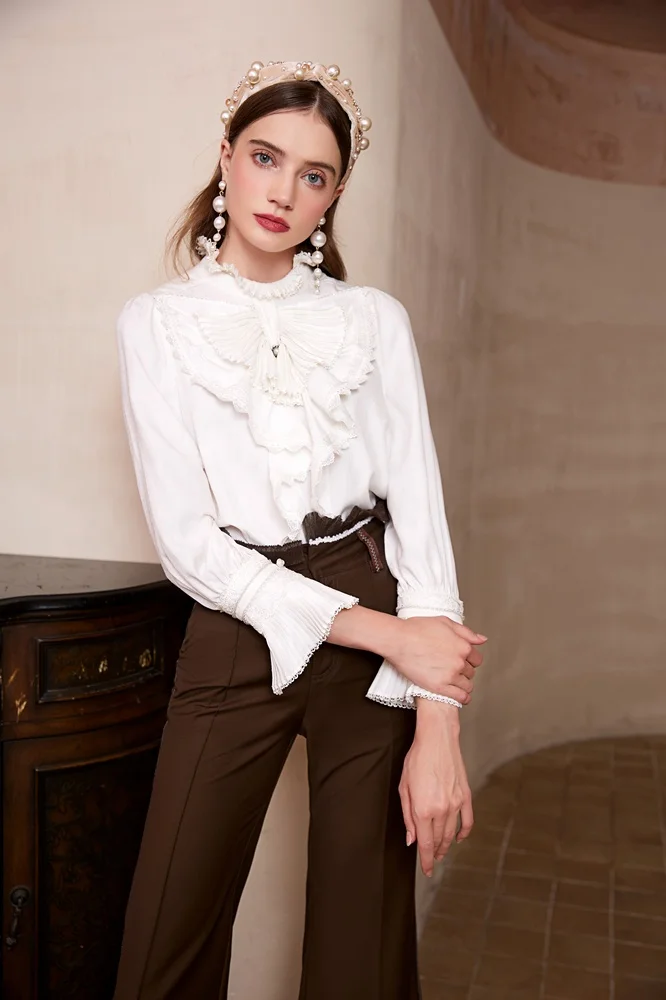 bow collar blouses for women 2022 Custom elegant women The cuff pressure plait shirts blouses woman Chiffon blouse