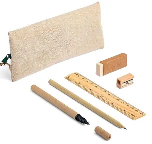PROMOTIONAL ECO FRIENDLY PORTABLE STATIONERY GIFT SET of COTTON BAG W/ WOOD RULER PENCIL SHARPENER ERASER for BACK to SCHOOL
