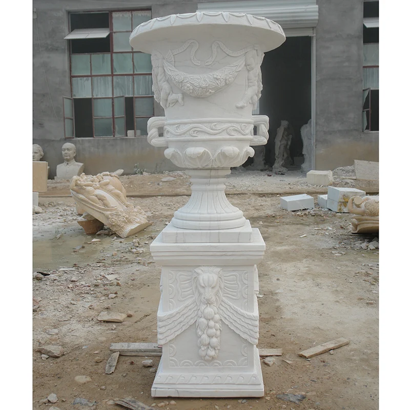 Newly fabricated stone flower pots hand carved marble vase garden decorative white marble urn planters for sale