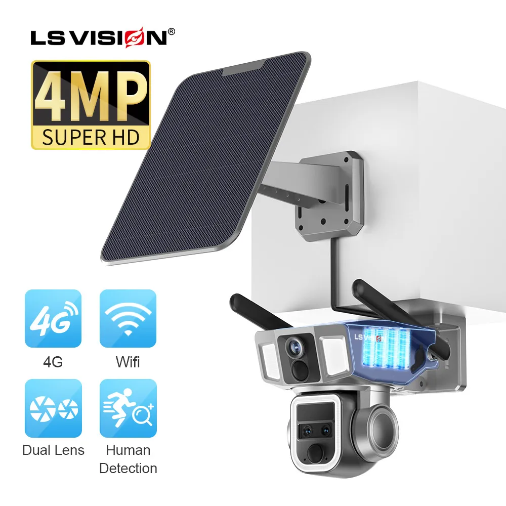 LS VISION Surveillance Dual Lens 2K 4G WIFI 4MP Solar Panel 10X Optical Zoom PTZ Security Light Alarm Battery Camera Outdoor