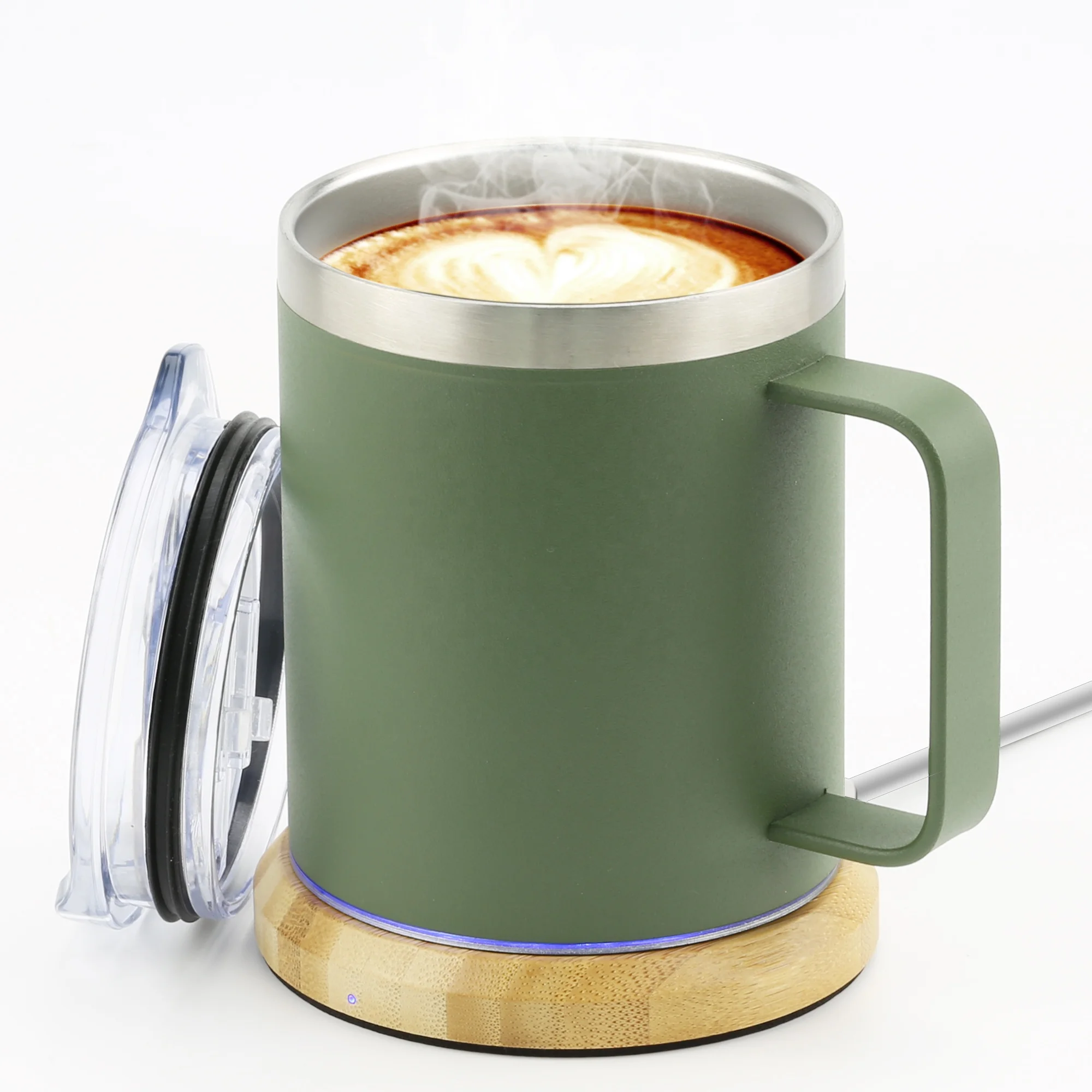 12 Oz Up to 150F/65 Degree Self Heating Heated Stainless Steel Double Walled Coffee Tumbler Mug With Bamboo Base