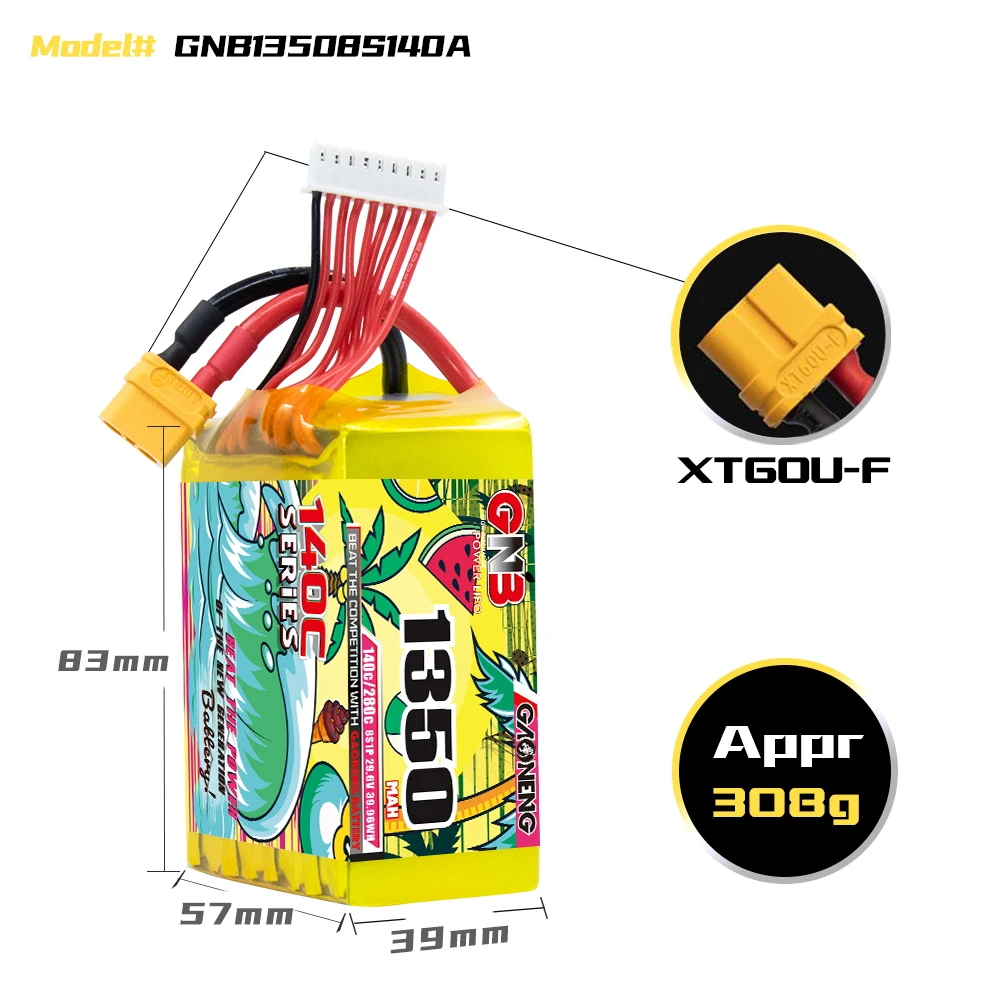 GAONENG GNB 1350MAH 29.6V 8S 140C XT60 LiPo Battery Pack High Performance RC Hobby Lithium Polymer Soft Pack Racing FPV Quads