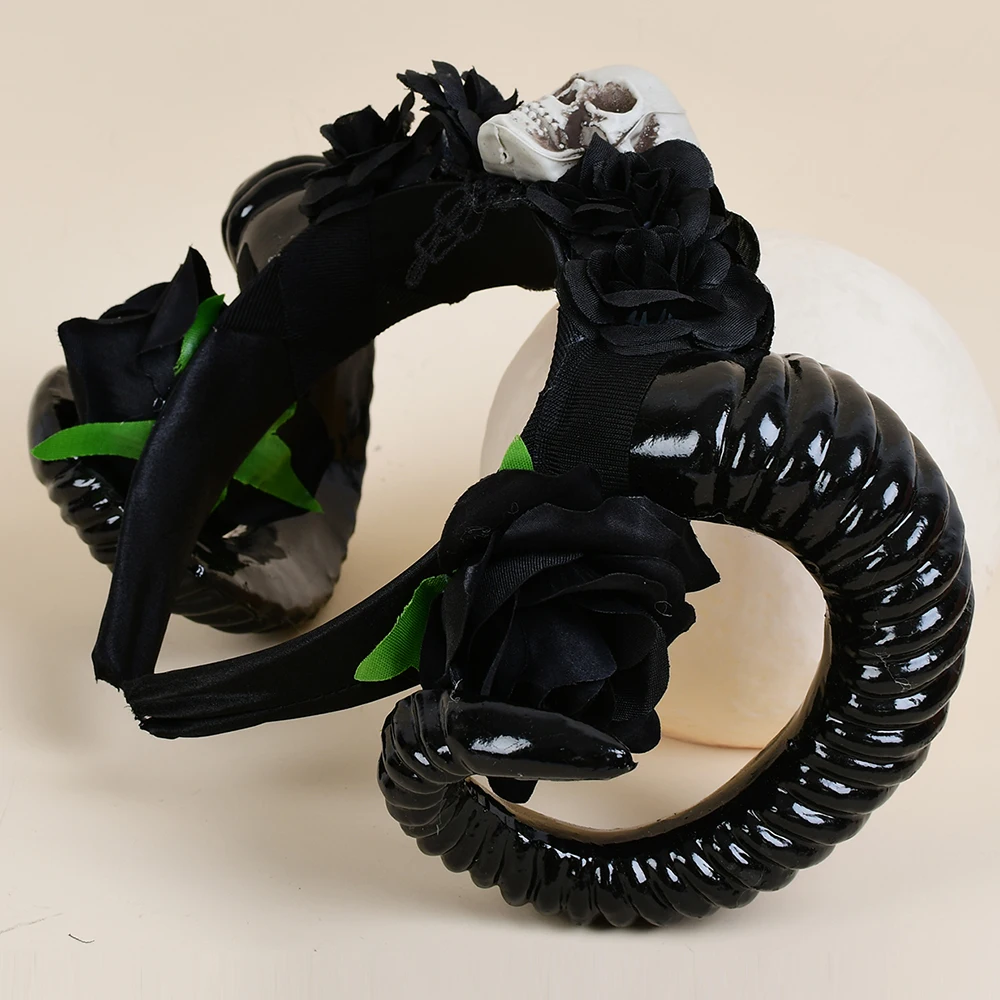 Skull Black Flower Studded Devil Horn Ram Demon Goat Claw Costume Fashion Headband Antlers Cosplay Female Sheep Headdress Gothic