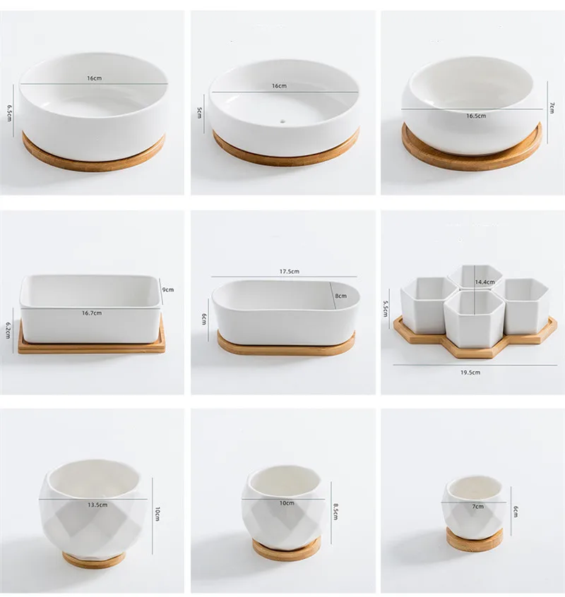 Multi Designs White Decorations For Home Decorative Pot Planter Garden Succulent Plants Ceramics Pot With Bamboo Tray