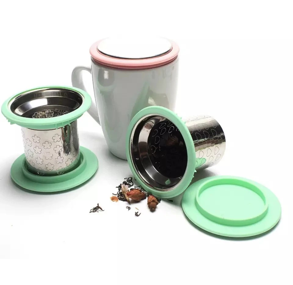Laser Engraved Logo Stainless Steel Loose Leaf Tea Strainer Stepper Extra Fine Tea Infuser Basket with Silicon Rim and Lid