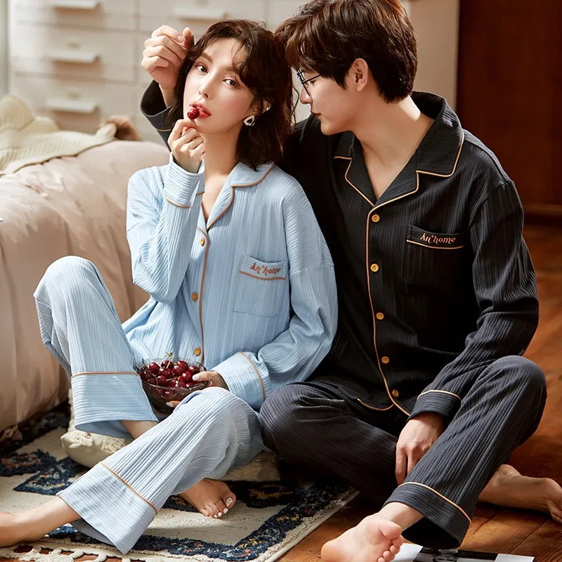 Winter Warm Couple Pajama Set Cotton Loose Cardigan Pyjamas Women Men Long Sleeve Homewear Cute Pattern Lovers Pajama Set