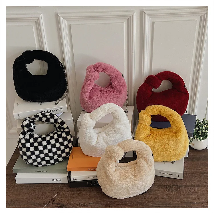 Fashion Winter Bags For Women Cute Furry Purse Leopard Print Handbags Lady Fuzzy Cow Shoulder Tote Women Fur Underarm Bags