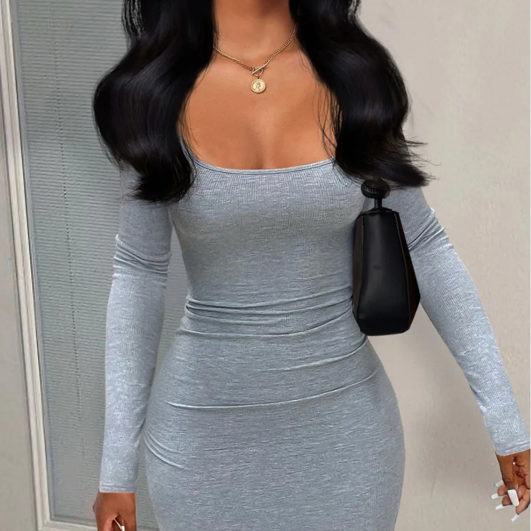 Women Long Dresses With Long Sleeve Ribbed Square Neck Dress Autumn Party Club Xs Maxi Bodycon Dress