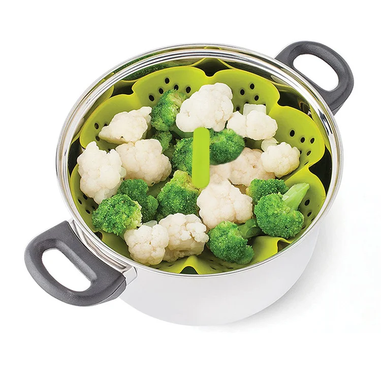 Multifunctional cooking tool Heat resistant silicone steamer basket with handle for Steaming Vegetables, Fish and more