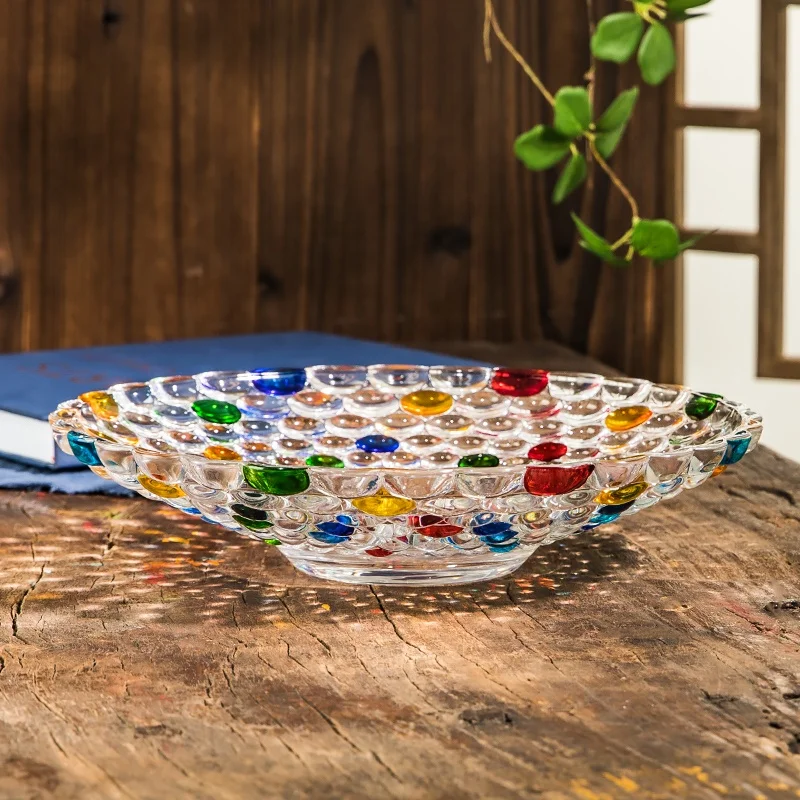 Vintage Hand Painted Crystal Glass Plate Luxurious Embossed Rainbow Fruit Dessert Plate